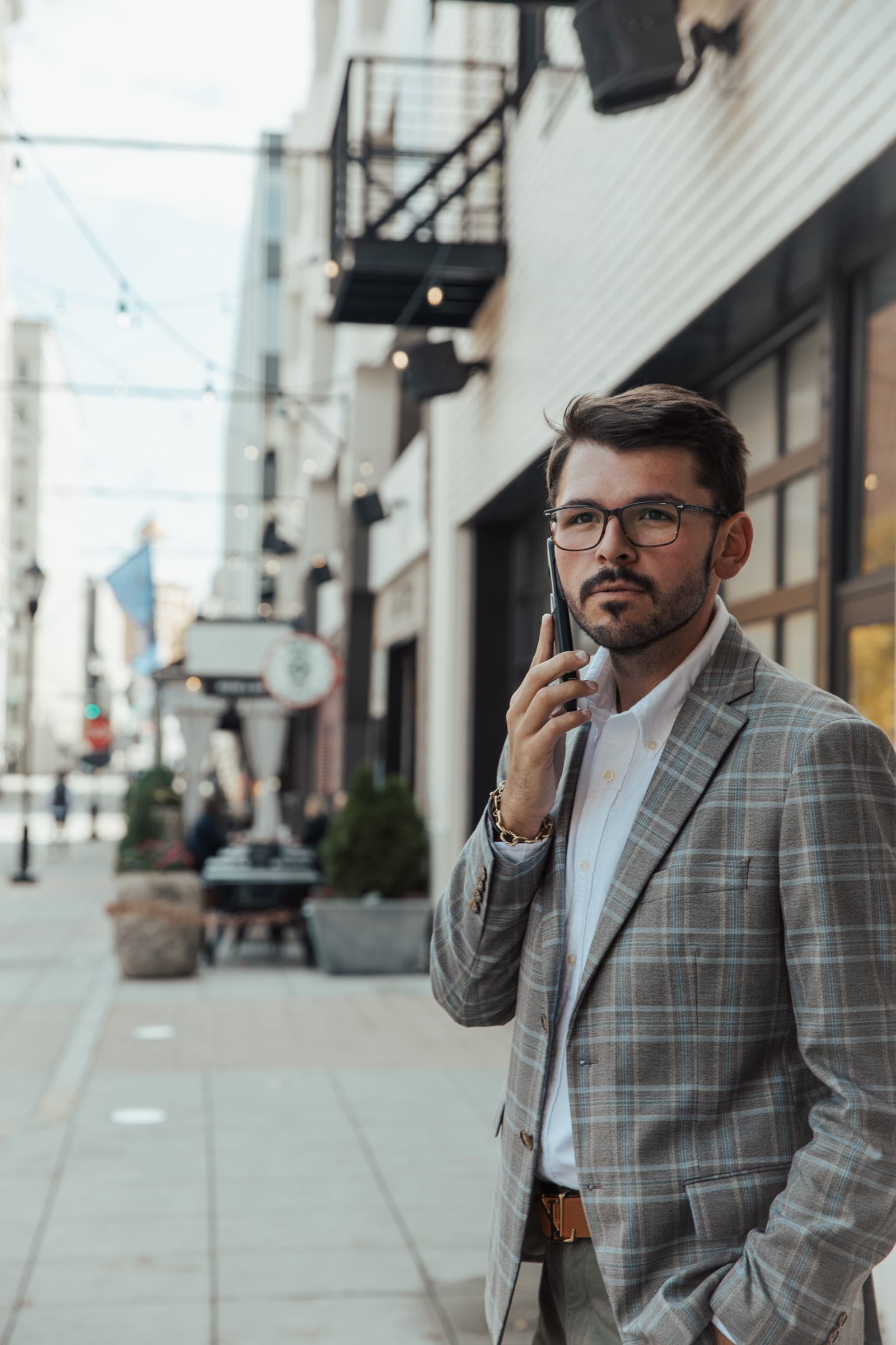 Austin Sizemore taking a call downtown